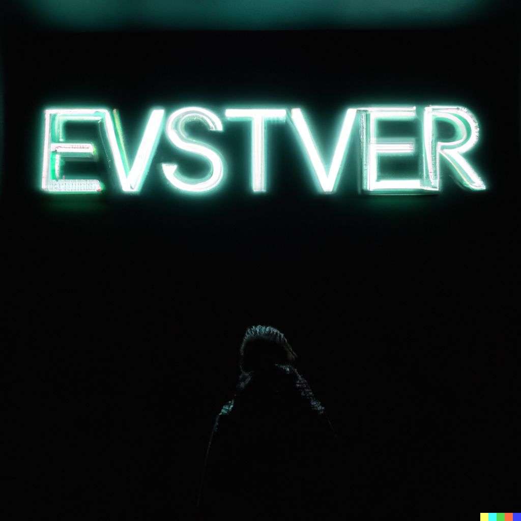 someone gazing at Mount Everest, neon sign on a black wall